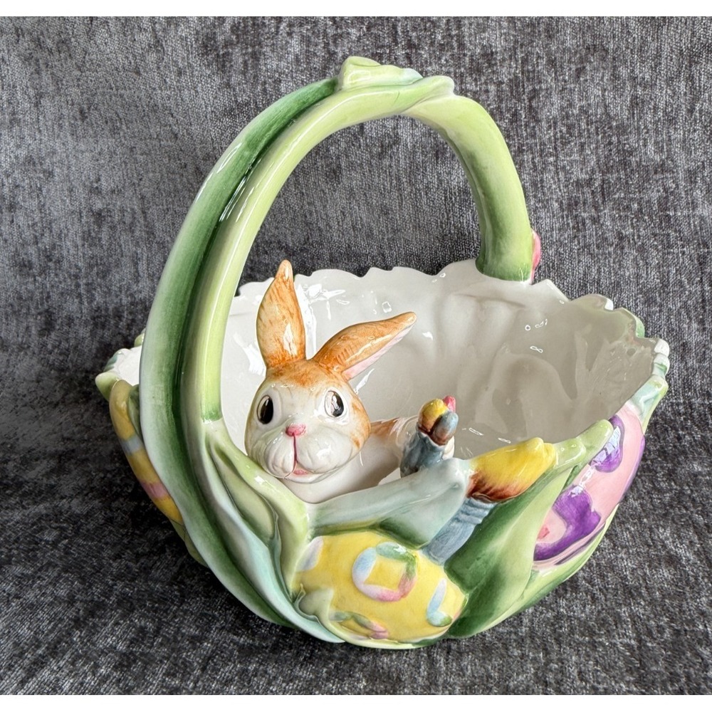 Fitz And Floyd Essentials Painting Easter Eggs Basket Bunny Rabbit Candy Dish